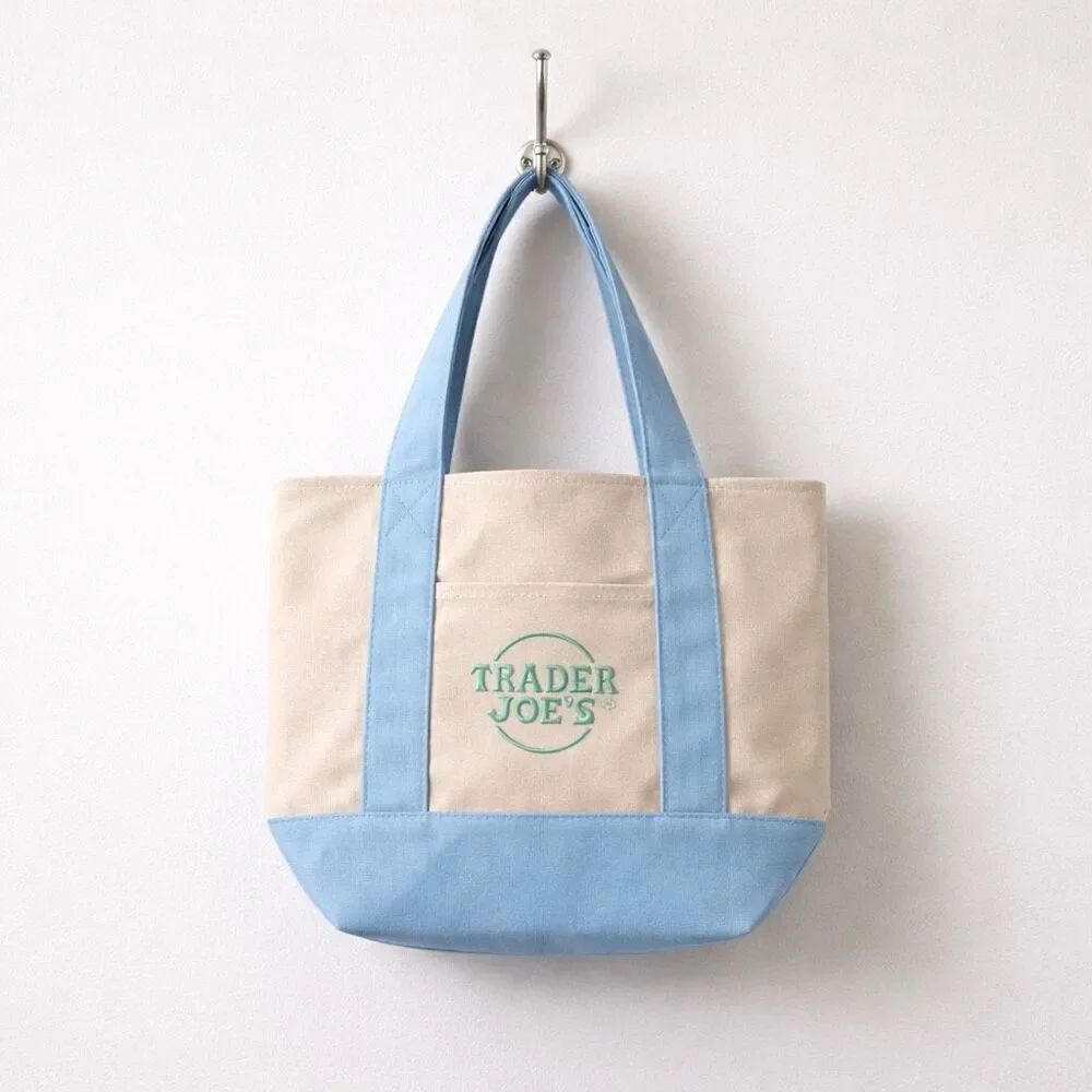 Trader Joe’s Limited Edition Mini Canvas Tote Blue Embroidered Bag, New